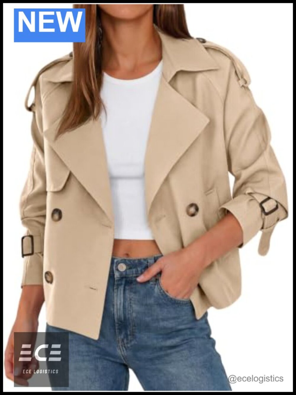 Cropped Trench Coat Double Breasted Raglan Sleeve Loose Fit Jacket